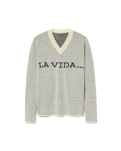 La Vida Merino Wool Mohair White Knit Top with Graphic in Black - Sustainably Sourced - Unknown Union_Shop