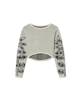 The Watchers Merino Wool Mohair White Knit Crop Top with Flowers Graphic in Black - Sustainably Sourced - Unknown Union_Shop