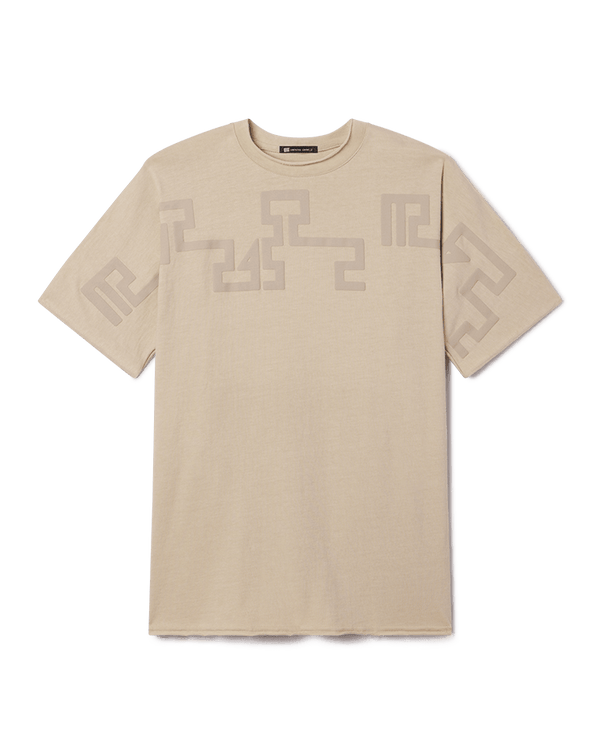 Manifesting Dreams Unisex Kimono Cotton Tee in Tan with Tan Mandombe Graphic - Sustainably Sourced - Unknown Union_Shop